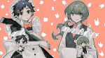  1boy 1girl :o akasasachii alternate_costume alternate_hairstyle apron black_dress black_eyes black_hair black_vest blue_eyes bow bowtie butler character_name chibi chibi_inset crossdressing dress fear_&amp;_hunger fear_&amp;_hunger_2:_termina female_butler green_hair gun hair_ribbon highres holding holding_gun holding_weapon levi_(fear_&amp;_hunger) long_sleeves looking_at_viewer maid maid_apron maid_headdress male_maid marina_(fear_&amp;_hunger) necktie parted_lips pink_background pink_bow pink_bowtie pink_necktie pink_ribbon ponytail ribbon shirt simple_background smile sweatdrop upper_body vest weapon white_shirt 
