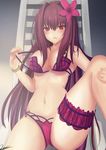  bikini breasts cleavage fate/grand_order fate_(series) flower hair_flower hair_ornament hibiscus highres kesoshirou large_breasts long_hair looking_at_viewer navel purple_hair red_eyes scathach_(fate)_(all) scathach_(swimsuit_assassin)_(fate) solo swimsuit 
