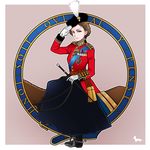  blue_eyes boots british brown_hair dog elizabeth_ii england full_body gloves hat highres horse horseback_riding inset looking_at_viewer medal military military_uniform queen real_life revision riding riding_crop salute silhouette solo spurs toge_inu uniform united_kingdom 