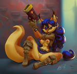  2017 anthro areola big_breasts blue_hair boots breasts canine carmelita_fox cleavage clothed clothing female footwear fox fur gun hair looking_at_viewer mammal nipples pussy ranged_weapon sif sly_cooper_(series) smile solo video_games weapon 