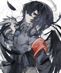  1girl absurdres angel armband black_eyes black_hair black_nails black_wings closed_mouth collared_shirt feathered_wings feathers halo highres long_hair looking_at_viewer low_wings original pleated_skirt red_armband shirt skirt solo soresaki two-tone_armband wings 