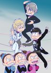  3girls black_hair blonde_hair blush_stickers brown_hair buck_teeth crossed_arms facial_hair figure_skating glasses grin hair_bun highres ice_skates katsuki_yuuri mittens multiple_boys multiple_girls mustache nishigoori_axel nishigoori_loop nishigoori_lutz open_mouth osomatsu-san parody ponytail silver_hair skates skating smile style_parody tanaka_keiichi viktor_nikiforov wavy_mouth yuri!!!_on_ice yuri_plisetsky 