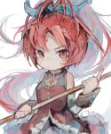  1girl absurdres antenna_hair bare_shoulders black_thighhighs bow collared_dress detached_sleeves dress hair_bow highres holding holding_weapon long_hair looking_at_viewer magical_girl mahou_shoujo_madoka_magica mahou_shoujo_madoka_magica_(anime) ponytail red_dress red_eyes red_hair sakura_kyoko sakura_kyoko_(magical_girl) simple_background skirt sleeveless sleeveless_dress smile solo soresaki thighhighs weapon white_background 