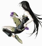  1boy aura bags_under_eyes black_eyes black_hair expressionless highres holding holding_needle hunter_x_hunter illumi_zoldyck long_hair looking_ahead male_focus midair needle nen_(hunter_x_hunter) profile simple_background sleeveless solo toned toned_male white_background yonq98 