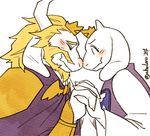  armor asgore_dreemurr beard blush boss_monster cape caprine clothing crown delta_rune duo facial_hair fur goat hand_holding horn long_ears losso mammal simple_background toriel undertale video_games white_background white_fur 