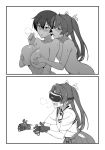  2girls 2koma blush breast_grab breasts comic controller drooling female_pervert grabbing grabbing_from_behind groping hakama_skirt heavy_breathing highres kaga_(kantai_collection) kantai_collection large_breasts long_hair multiple_girls nikonikosiro open_mouth pervert side_ponytail smile solo twintails vr_visor yuri zuikaku_(kantai_collection) 