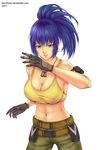  1girl blue_eyes blue_hair breasts cleavage dogtags king_of_fighters ktovhinao large_breasts leona_heidern long_hair midriff navel ponytail sideboob solo 