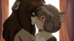  anthro blush brown_fur canine digital_media_(artwork) duo embrace female female/female fur green_eyes hair kissing mammal mink mustelid open_mouth papilrux pink_eyes shy tanuki 