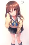  ? brown_eyes brown_hair gradient gradient_background hand_on_own_knee highres leaning_forward long_hair long_sleeves looking_at_viewer original rezi school_uniform solo 