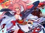  baiken breasts chain cleavage eyepatch facial_mark guilty_gear guilty_gear_xrd haya_(karn) japanese_clothes katana large_breasts long_hair looking_at_viewer pink_hair ponytail red_eyes smile solo sword tattoo translation_request weapon 