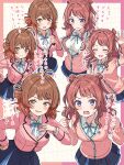  2girls ^_^ absurdres ahoge blazer blue_overskirt blue_ribbon blue_skirt blush breasts brown_hair cardigan closed_eyes commentary_request cosplay costume_switch double_bun doyagao gakuen_idolmaster gradient_hair grid_background hair_bun hanami_saki hanami_ume hatsuboshi_gakuen_school_uniform highres hiyoko_neneko idolmaster jacket looking_at_viewer medium_breasts multicolored_hair multiple_girls neck_ribbon orange_hair outline personality_switch pleated_skirt ribbon school_uniform siblings single_side_bun sisters skirt smile smug sweatdrop translation_request two_side_up white_background white_outline 
