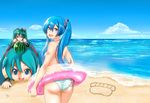  1girl beach bikini black_eyes blue_eyes blue_hair female food fruit green_hair hatsune_miku long_hair mikudayoo noboes swim_ring swimsuit twintails vocaloid water watermelon 