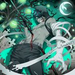  arizuka_(catacombe) artist_name bandaged_arm bandages black_gloves black_hair blood blue_eyes crescent_moon gloves glowing grey_skin hair_between_eyes hair_over_one_eye halloween happy_halloween highres hood hoodie impaled jack-o'-lantern looking_at_viewer male_focus monster_boy moon night night_sky original pumpkin red_mask_(arizuka) sky solo stitches tombstone zombie 