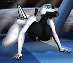  2017 aircraft all_fours big_breasts black_body blue_eyes breasts earth el-loko female half-closed_eyes huge_breasts humanoid lipstick living_aircraft living_machine looking_at_viewer machine makeup multicolored_body nasa nipples open_mouth shuttle solo space teeth tongue two_tone_body white_body 