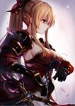  armor bangs blonde_hair breasts cleavage commentary dress from_side gauntlets granblue_fantasy highres long_hair medium_breasts oyu_(sijimisizimi) parted_lips pauldrons profile red_eyes sideboob sidelocks solo sword upper_body vira_lilie weapon 