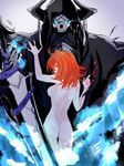  1girl armor ass blue_fire breasts cloak command_spell fate/grand_order fate_(series) fire fujimaru_ritsuka_(female) glowing glowing_eyes horns king_hassan_(fate/grand_order) mask medium_breasts nude orange_hair shino-o short_hair side_ponytail skull skull_mask weapon yellow_eyes 