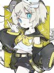 1girl bandage_on_cheek bandage_on_neck bandaid bandaid_on_arm bandaid_on_hand belt blonde_hair blue_eyes cowboy_shot highres kagamine_rin looking_at_viewer school_uniform serafuku short_shorts shorts sleeveless smile solo soresaki vocaloid 
