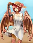  animal_ears beach blue_sky day dragon_ears dragon_girl dragon_wings dress fang flower hat hat_flower hibiscus hitokuirou looking_at_viewer monster_girl original outdoors red_eyes red_hair sky solo solo_vivace_(hitokuirou) standing straw_hat sun_hat white_dress wings 