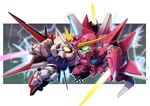  aile_strike_gundam battle chibi duel energy_sword glowing glowing_eyes gundam gundam_seed king_of_unlucky lightning mecha no_humans shield strike_gundam sword weapon 