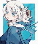  1girl :d absurdres ahoge animal_hood blue_eyes blue_hair blue_hoodie fins fish_tail gawr_gura gawr_gura_(1st_costume) hair_ornament highres hololive hololive_english hood hood_down hoodie long_sleeves looking_at_viewer medium_hair multicolored_hair open_mouth polearm shark_hair_ornament shark_hood shark_tail sharp_teeth smile solo soresaki streaked_hair tail teeth trident upper_body virtual_youtuber weapon white_hair 