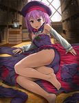  :p armpits ass bare_legs bare_shoulders barefoot book commentary_request detached_sleeves fate/grand_order fate_(series) flat_chest hat helena_blavatsky_(fate/grand_order) looking_at_viewer panties purple_eyes purple_hair short_hair smile solo strapless tongue tongue_out tree_of_life tsuyadashi_shuuji underwear white_sleeves 