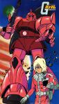  1980s_(style) 1boy artist_request asteroid beam_rifle belt blonde_hair blood_on_mouth char_aznable energy_gun gelgoog_s_char_custom glint gundam highres injury jupiter_(planet) logo looking_at_viewer magazine_scan mecha mobile_suit mobile_suit_gundam moon one-eyed pilot_suit planet poster_(medium) reaching reaching_towards_viewer reflection retro_artstyle robot scan science_fiction shield space spacesuit starry_background title traditional_media translation_request weapon 
