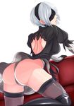  1girl android artist_request ass back back_cutout black_dress black_gloves black_hairband blindfold breasts dress from_behind gloves hairband leotard nier_(series) nier_automata parted_lips shiny shiny_clothes shiny_hair shiny_skin short_hair sideboob solo thighhighs thong thong_leotard white_gloves white_hair yorha_unit_no._2_type_b 