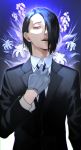  1boy 55level black_hair black_jacket black_neckwear blue_gloves commentary_request flower formal gloves hair_over_one_eye half-closed_eye highres jacket looking_down male_focus mole mole_under_eye necktie one_eye_covered open_mouth red_eyes shirt short_hair solo tokyo_ghoul tokyo_ghoul:re upper_body washuu-furuta_souta_(tokyo_ghoul) white_shirt 