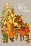  2girls 3boys bare_shoulders blue_eyes blue_hair braid breasts christmas christmas_tree dress fingerless_gloves grey_eyes grey_hair hat klarth_lester long_hair milard_rune multiple_boys multiple_girls open_mouth pants shoes short_hair tales_of_(series) tales_of_phantasia tattoo vest 