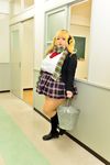  1girl asian blonde_hair bra breasts cleavage cosplay fat female headphones hoshima_mika huge_breasts large_breasts photo solo super_pochaco super_pochaco_(cosplay) 
