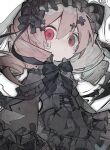  1girl absurdres bandaid bandaid_on_cheek bandaid_on_face black_dress cowboy_shot dress drill_hair gothic_lolita hair_ornament highres lolita_fashion looking_at_viewer neck_ribbon original red_eyes ribbon solo soresaki 