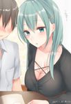 1girl 2017 alternate_costume aqua_eyes aqua_hair blush breast_rest breasts chestnut_mouth cleavage embarrassed highres kantai_collection large_breasts long_hair looking_down sakiryo_kanna suzuya_(kantai_collection) translated upper_body 