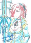  1girl armor breasts choker cleavage coat gloves hair_ornament hair_over_one_eye maltran pink_eyes pink_hair ponytail spear tales_of_(series) tales_of_zestiria weapon 