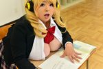  1girl asian blonde_hair bra breasts cleavage cosplay fat female headphones hoshima_mika huge_breasts large_breasts photo solo super_pochaco super_pochaco_(cosplay) 