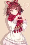  borrowed_character bow brown_eyes brown_hair hair_bow hair_ribbon heart heart_hands ribbon scarf short_hair simple_background solo standing sweater yatsuki_yura 