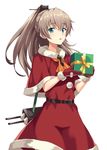  alternate_costume ascot bangs belt blue_eyes box capelet commentary_request cowboy_shot fur_trim gift gift_box gloves grey_hair hair_between_eyes headgear kantai_collection kumano_(kantai_collection) long_hair looking_at_viewer parted_lips pom_pom_(clothes) ponytail rasahan red_gloves santa_costume solo turret 