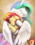 blonde_hair blue_hair duo equestria_girls equine eyelashes eyes_closed feathered_wings feathers friendship_is_magic green_hair hair hooves horn hug mammal multicolored_hair my_little_pony princess_celestia_(mlp) red_hair silfoe smile sunset_shimmer_(eg) unicorn white_feathers winged_unicorn wings 
