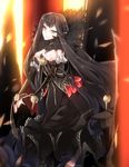  &gt;:) bangs black_dress black_hair breasts cleavage commentary_request dress fate/apocrypha fate_(series) from_side fur highres kazetto long_hair long_sleeves looking_at_viewer looking_to_the_side medium_breasts parted_lips semiramis_(fate) slit_pupils smile solo v-shaped_eyebrows very_long_hair yellow_eyes 