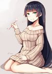  &gt;:) agano_(kantai_collection) bangs bare_shoulders barefoot black_hair blush breasts cleavage collarbone dress eyebrows_visible_through_hair green_eyes grey_background holding jitome kantai_collection large_breasts long_hair mimikaki off_shoulder patting_lap plan_(planhaplalan) ribbed_sweater shadow sitting smile smug solo sweater sweater_dress v-shaped_eyebrows wariza 