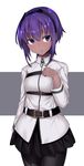  black_legwear black_skirt blush breasts chaldea_uniform cosplay cowboy_shot dark_skin fate/grand_order fate/prototype fate/prototype:_fragments_of_blue_and_silver fate_(series) fujimaru_ritsuka_(female) fujimaru_ritsuka_(female)_(cosplay) hairband hand_on_own_chest hassan_of_serenity_(fate) looking_at_viewer medium_breasts monobe_tsukuri pantyhose pleated_skirt purple_eyes purple_hair shirt short_hair skirt solo two-tone_background uniform white_shirt 