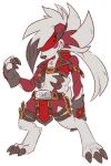2016 3_fingers 3_toes alternate_species anthro arc_system_works belt biped black_claws black_clothing black_fingerless_gloves black_gloves black_hair black_handwear black_nose black_spikes bottomwear canid canine chest_tuft claws clothing colored crop_vest crossover deep_navel digital_drawing_(artwork) digital_media_(artwork) digitigrade english_description feet fingerless_gloves fingers fur generation_7_pokemon gloves guilty_gear hair handwear loincloth lycanroc male mammal multicolored_body multicolored_fur multicolored_hair naoren navel nintendo pokemon pokemon_(species) pose red_body red_bottomwear red_clothing red_eyes red_fur red_hair red_loincloth red_topwear red_vest shirtless signature simple_background smile smiling_at_viewer sol_badguy solo spikes spikes_(anatomy) spiky_hair standing tail toes topwear tuft two_tone_body two_tone_fur vest white_background white_body white_fur white_hair white_tail
