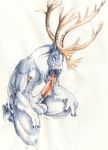  2016 antlers autofellatio balls cervine cum cum_in_mouth cum_inside fur grey_fur heather_bruton hooves horn kneeling looking_at_viewer male mammal masturbation nude oral penis reindeer solo tapering_penis 