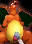  2016 3_fingers abstract_background belly biped breath charizard claws countershading digital_media_(artwork) dragon erection fangs feral front_view green_wings hi_res horn male membranous_wings nintendo open_mouth orange_horn orange_scales orange_tail penis pink_penis pink_tongue pok&eacute;mon scales scalie sex_toy solo tiratiratinntira tongue unseen_character vibrator vibrator_on_penis video_games white_claws wide_eyed wings yellow_belly yellow_countershading yellow_scales 
