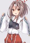  absurdres amano_kouki brown_eyes brown_hair grey_background hachimaki headband high_ponytail highres japanese_clothes kantai_collection light_brown_hair long_hair long_sleeves muneate open_mouth ponytail simple_background solo wide_sleeves zuihou_(kantai_collection) 