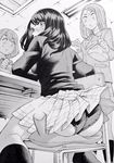  ass blush breasts commentary eating greyscale highres kneehighs long_hair looking_at_viewer medium_breasts monochrome multiple_girls nakajima_ryou nose_blush original panties school_uniform sweat underwear whoopee_cushion 