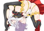  anus ass bent_over black_legwear blush boots breasts hairband hanging_breasts high_heels highres idolmaster idolmaster_(classic) jabara_tornado large_breasts long_hair looking_at_viewer looking_back nipples one_knee original purple_eyes shijou_takane silver_hair smile solo thigh_boots thighhighs transparent_background 