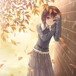  against_wall autumn autumn_leaves bangs belt brick_wall brown_eyes brown_hair falling_leaves frilled_skirt frills grey_skirt leaf long_skirt long_sleeves looking_at_viewer outdoors photo-referenced shoes skirt sleeves_past_wrists solo standing tokumaru 