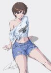  1girl absurdres brown_eyes brown_hair closed_mouth collarbone copyright_name cutoffs denim denim_shorts feet_out_of_frame grey_background highres kasugano_sakura looking_at_viewer midriff navel off_shoulder shadow shirt shorts signature simple_background single_off_shoulder sitting solo street_fighter street_fighter_zero_(series) t-shirt text_print tied_shirt torn_clothes torn_shorts twitter_username tyanoki 