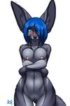  2017 alternate_species anthro big_ears blue_eyes blue_hair blush breast_squish breasts canine clitoral_hood crossed_arms female fennec fox furball furball_(character) hair hair_over_eye inner_ear_fluff looking_at_viewer mammal navel nipples nude open_mouth pussy simple_background solo white_background 