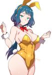  1girl animal_ears aqua_eyes batta_16-sei blue_hair bow bowtie breasts cleavage closed_mouth commentary_request detached_collar fake_animal_ears fake_tail gundam gundam_build_fighters highres iori_rinko large_breasts leotard long_hair looking_at_viewer playboy_bunny rabbit_ears rabbit_tail red_bow red_bowtie smile solo tail white_background yellow_leotard 